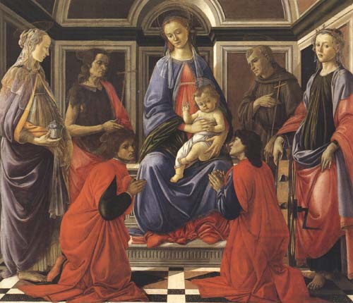 Madonna enthroned with Child and Saints (Mary Magdalene,John the Baptist,Cosmas and Damien,Sts Francis and Catherine of Alexandria)
